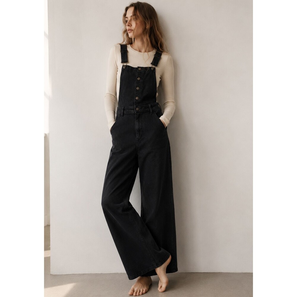 Universal Thread Women 2 Black Denim Sailor Overalls Wide Leg Jumpsuit NWT